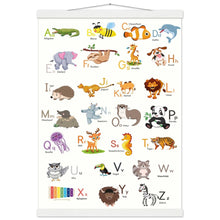 Lade das Bild in den Galerie-Viewer, ABC Poster Tieralphabet Buchstabenposter/ Geschenk zur Einschulung/ Kinderzimmer Deko - Druck/ Illustration/ Wandkunst - mit Holzleiste - printylife.de