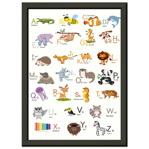 ABC Poster Tieralphabet Buchstabenposter/ Geschenk zur Einschulung/ Kinderzimmer Deko - Druck/ Illustration/ Wandkunst - mit Metallrahmen - printylife.de