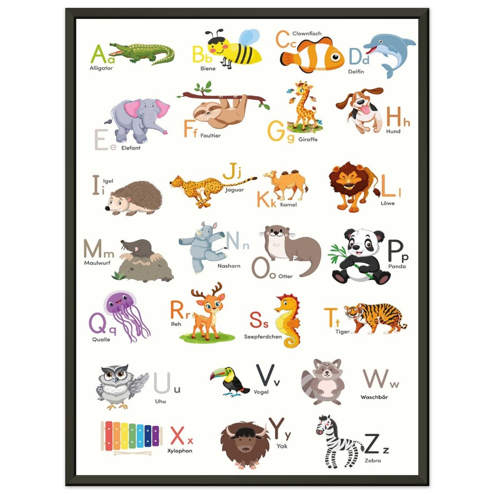 ABC Poster Tieralphabet Buchstabenposter/ Geschenk zur Einschulung/ Kinderzimmer Deko - Druck/ Illustration/ Wandkunst - mit Metallrahmen - printylife.de