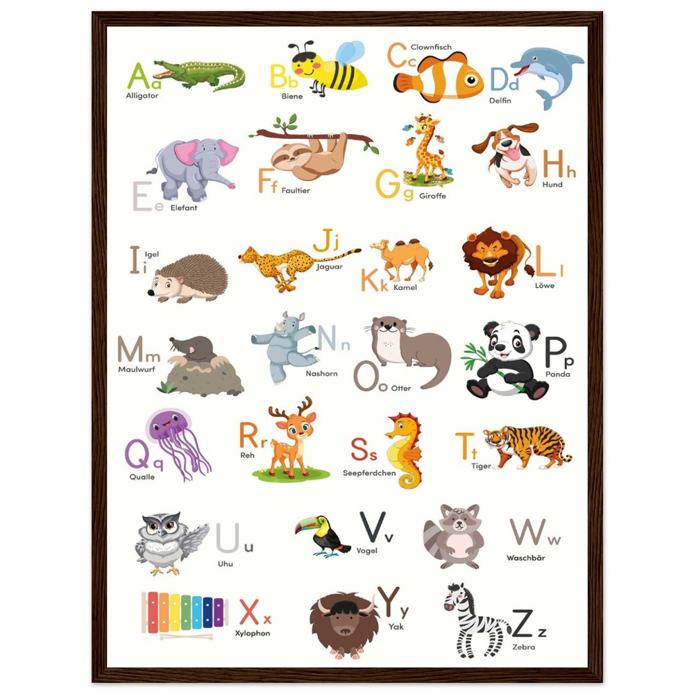 ABC Poster Tieralphabet Buchstabenposter/ Geschenk zur Einschulung/ Kinderzimmer Deko - Druck/ Illustration/ Wandkunst - mit Holzrahmen - printylife.de